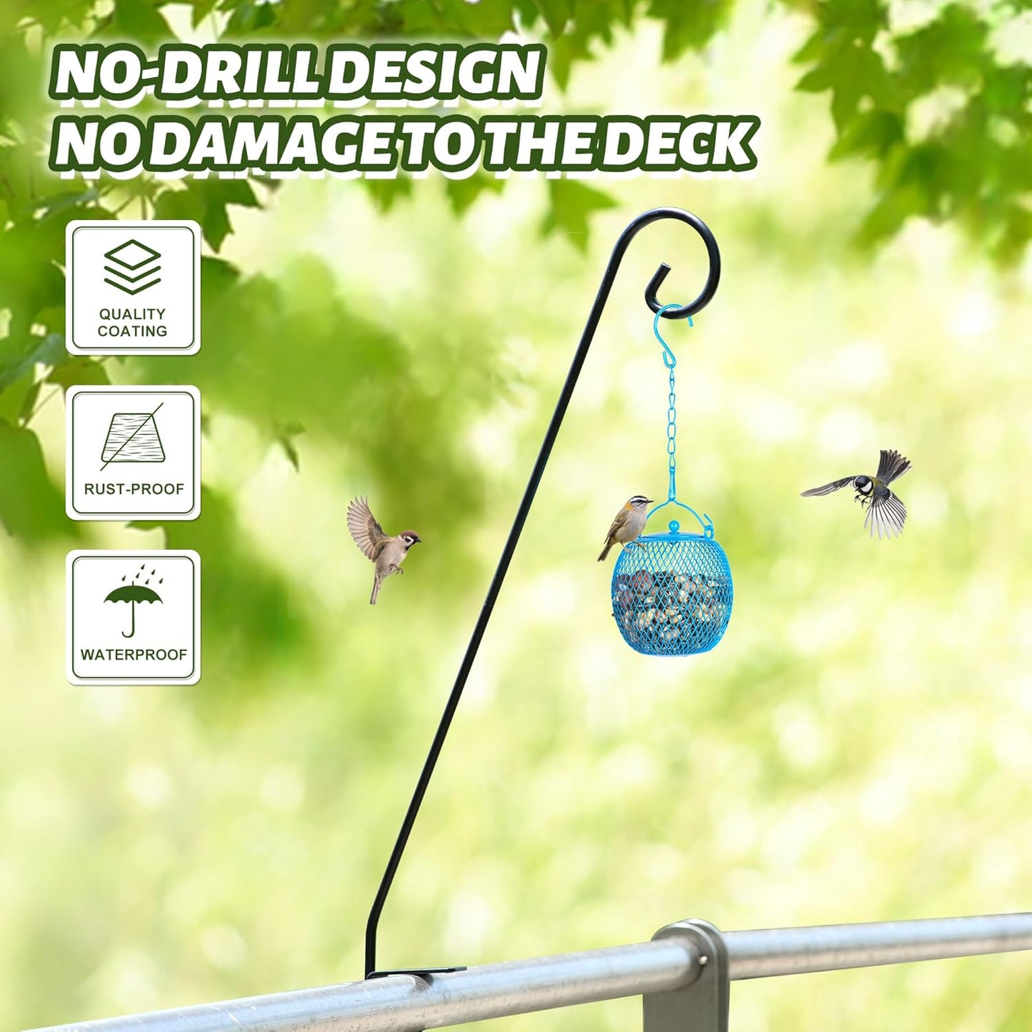 MIXXIDEA 2 Packs Heavy Duty Deck Rail Pole Deck Hook, Extensible and Adjustable Deck Hook for Hanging Bird Feeder, Plants, Suet Baskets,Wind Chimes,Lanterns