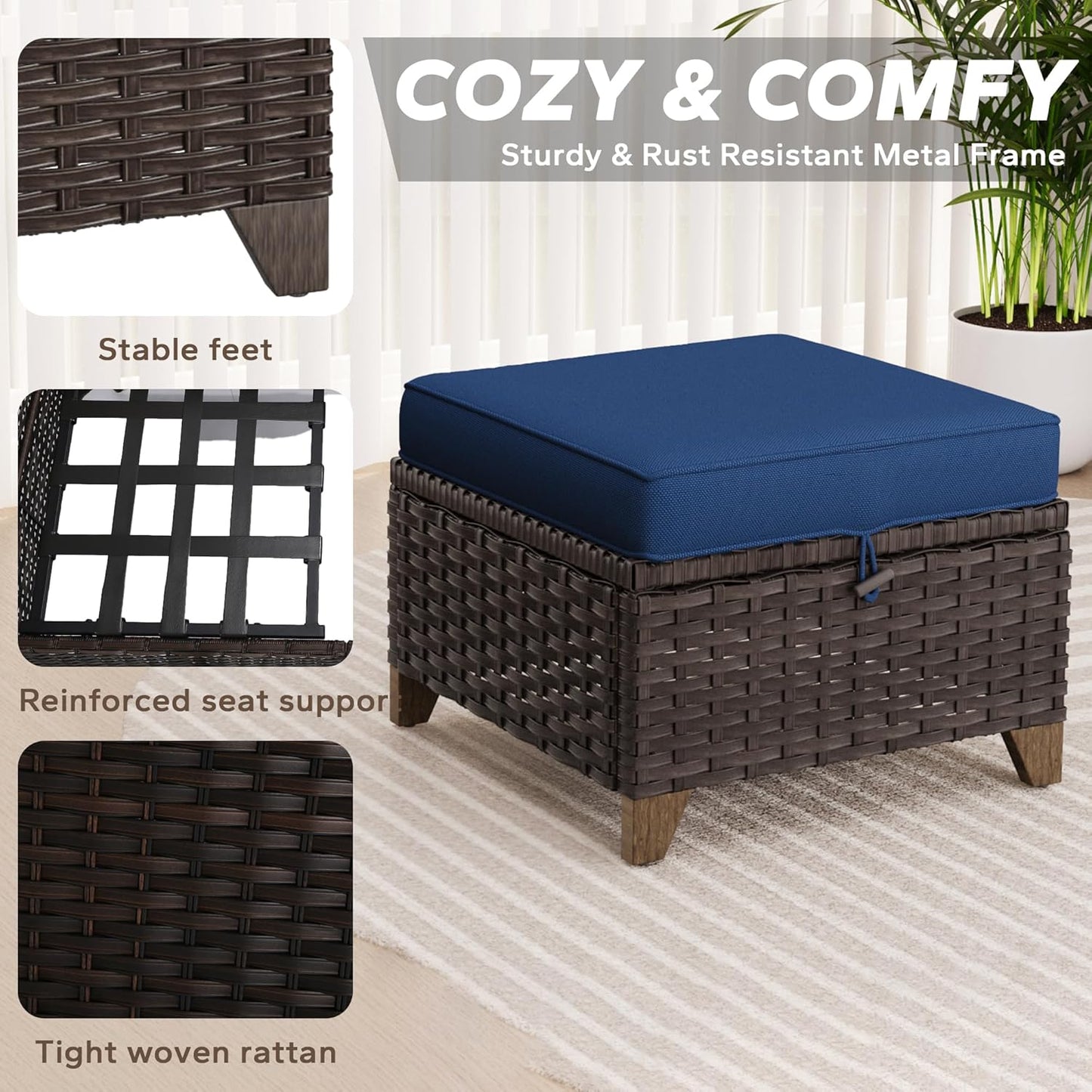 2 Pieces Patio All-Weather Wicker Ottomans with Cushions, PE Rattan Outdoor Conversation Furniture Set for Backyard, Deck, Lawn (Navy Blue)