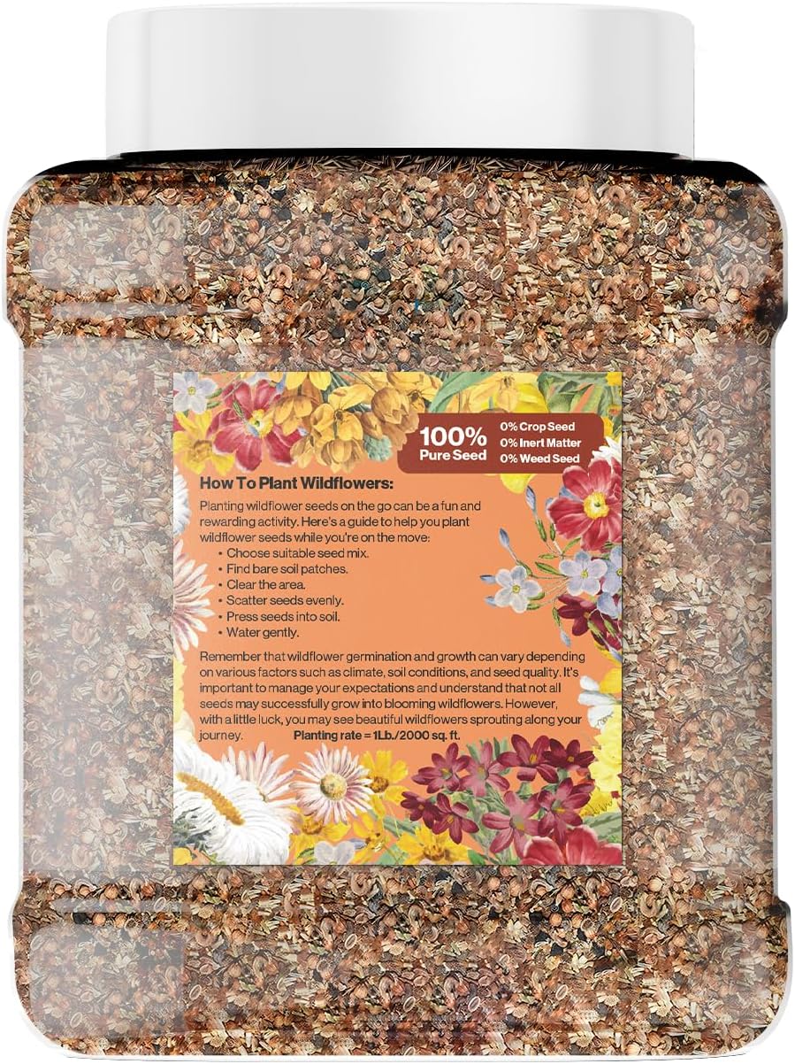 GevaGrow - Western Wildflower Seeds Regional Mix - Organic, Non-GMO - 100% Pure Seed - 18 Different Wildflowers Seeds of Annual and Perennial, 1LB Tub