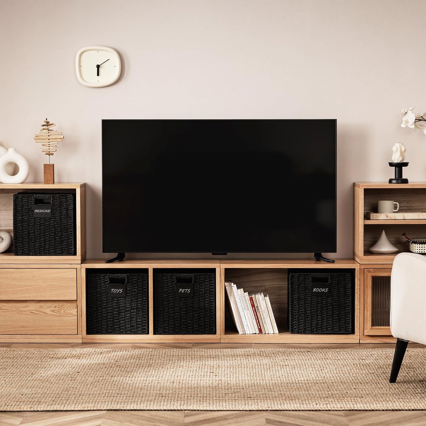 UBBCARE 2 Pack Wicker Basket, 10.5×10.5 Storage Cubes with Label, Foldable Cube Storage Bin with Handle, Square Storage Basket for Shelves, Woven Paper Rope Basket for Organizing, Black