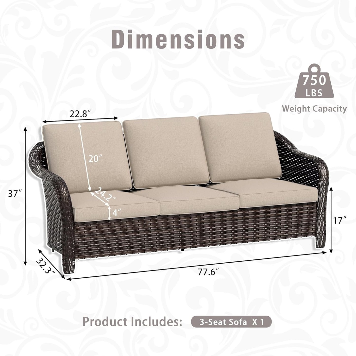 77 inch Outdoor Wicker 3 Seater Sofa, All-Weather Use Patio Rattan Sofa with Seat and Back Cushion, Ideal for Porch, Backyard, Balcony, Poolside, Beige