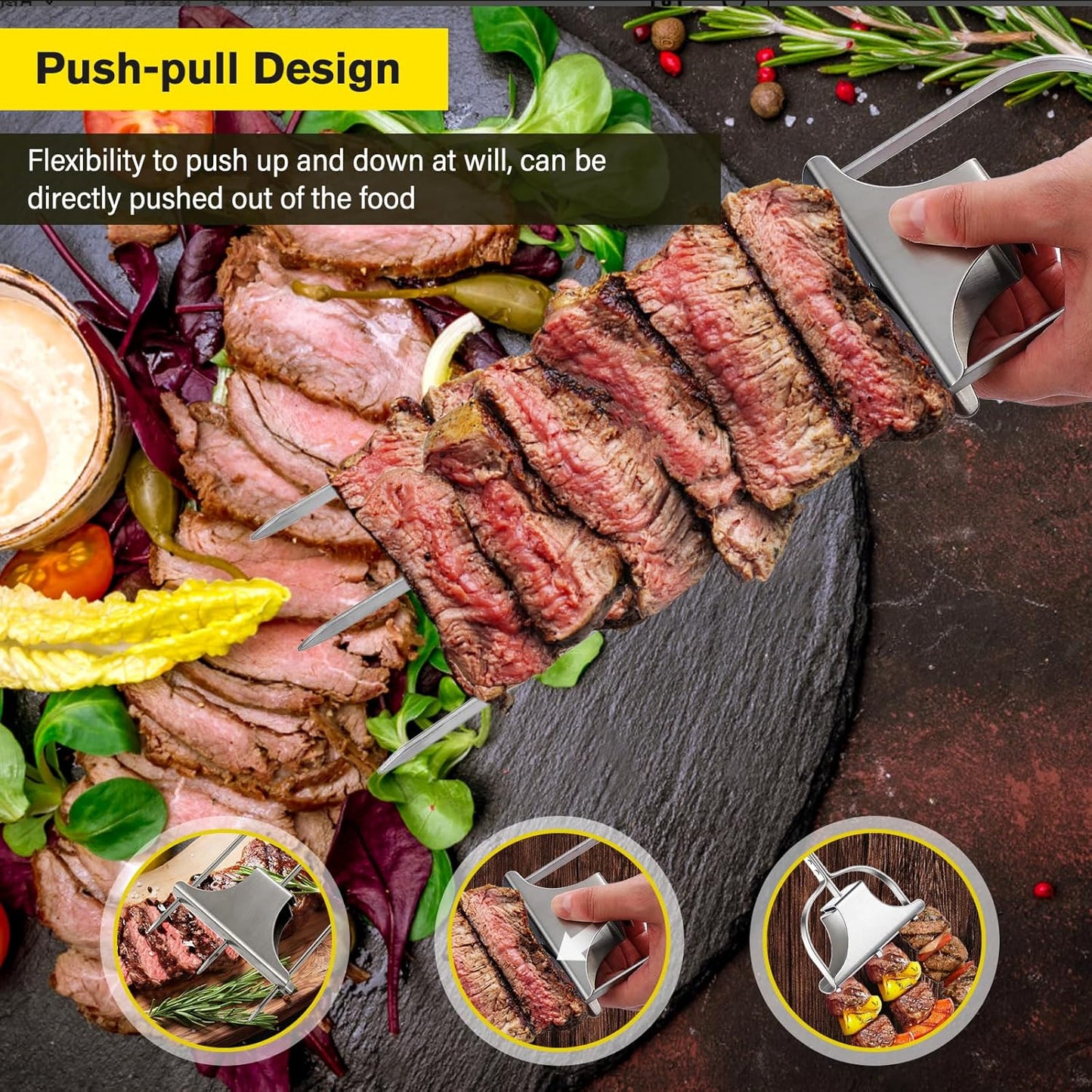 4PCS Kabob Skewers for Grilling, 14'' Stainless Steel Kebab Skewers, 3 Prong Metal Grill Skewer with Push Bar Slider, Skewer Sticks for Meat Veggies Fruits Marshmallows, BBQ Barbecue Accessories