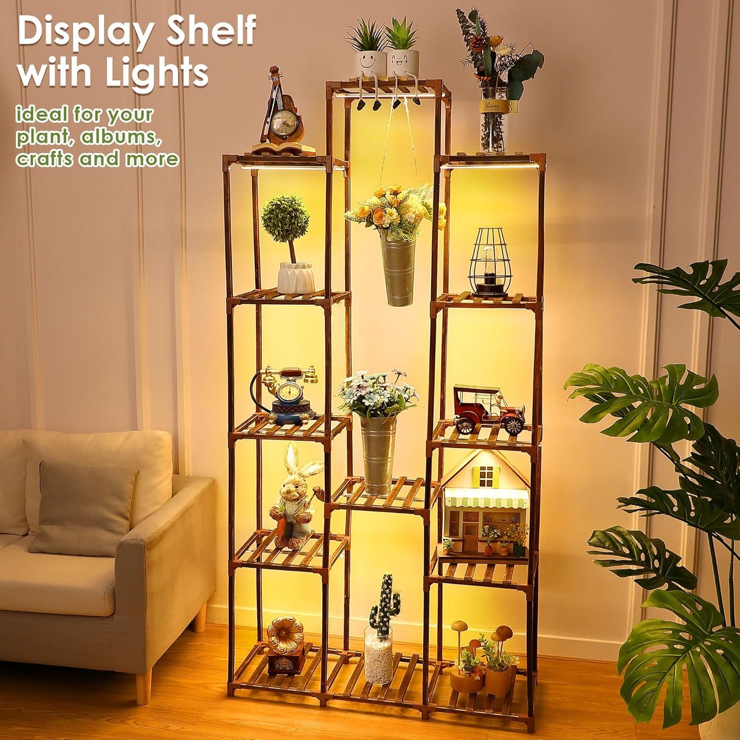 Dreyoo Plant Stand with Grow Lights, Wood Plant Shelf with Full Spectrum Grow Lamp for Indoor Corner, Vintage Multi Layer Lighted Stand for Living Room Balcony Display (13 Tiered Shape)