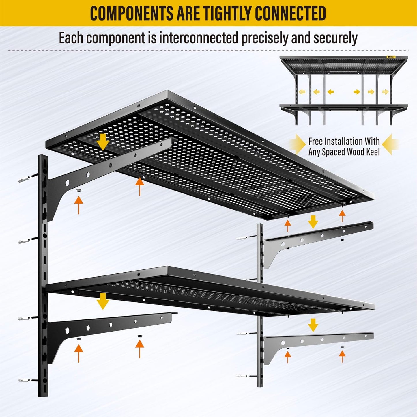 2 Tier 1.3x3ft Garage Shelving Wall Mounted, 400 lbs Load Capacity,15.6x36inch per Shelf Height Cassette Adjustable Floating Shelves(Black)