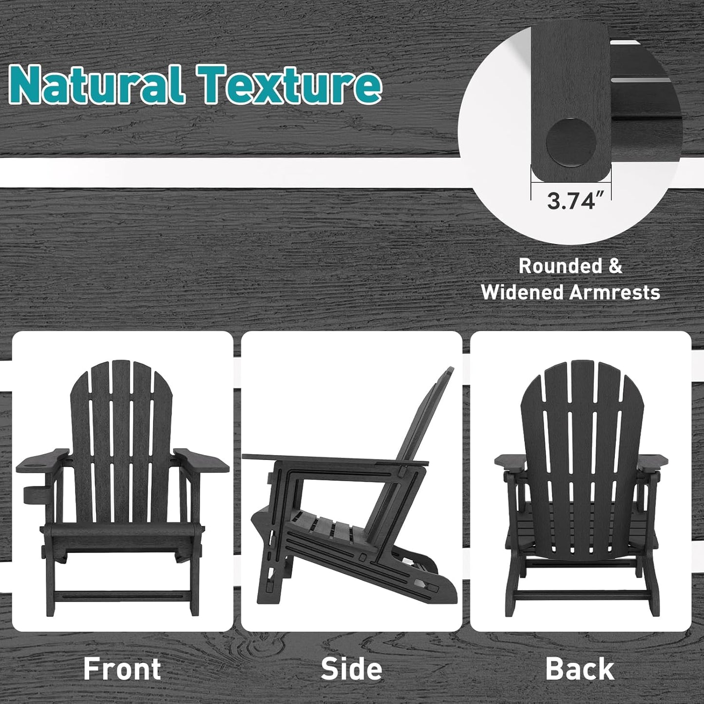 Adirondack Chair, Tool-Free Assembly All-Weather Adirondack Chairs, HDPE Fire Pit Chairs with Cup Holder, Outdoor Chair for Patio Garden (Black)
