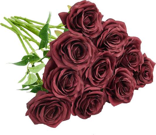 Artificial Rose 10pcs Open Flower Bouquet Faux Rose Stems for Wedding Arrangement, Bridal Bouquet, Centerpiece, Fake Faux Silk Flowers (Burgundy)