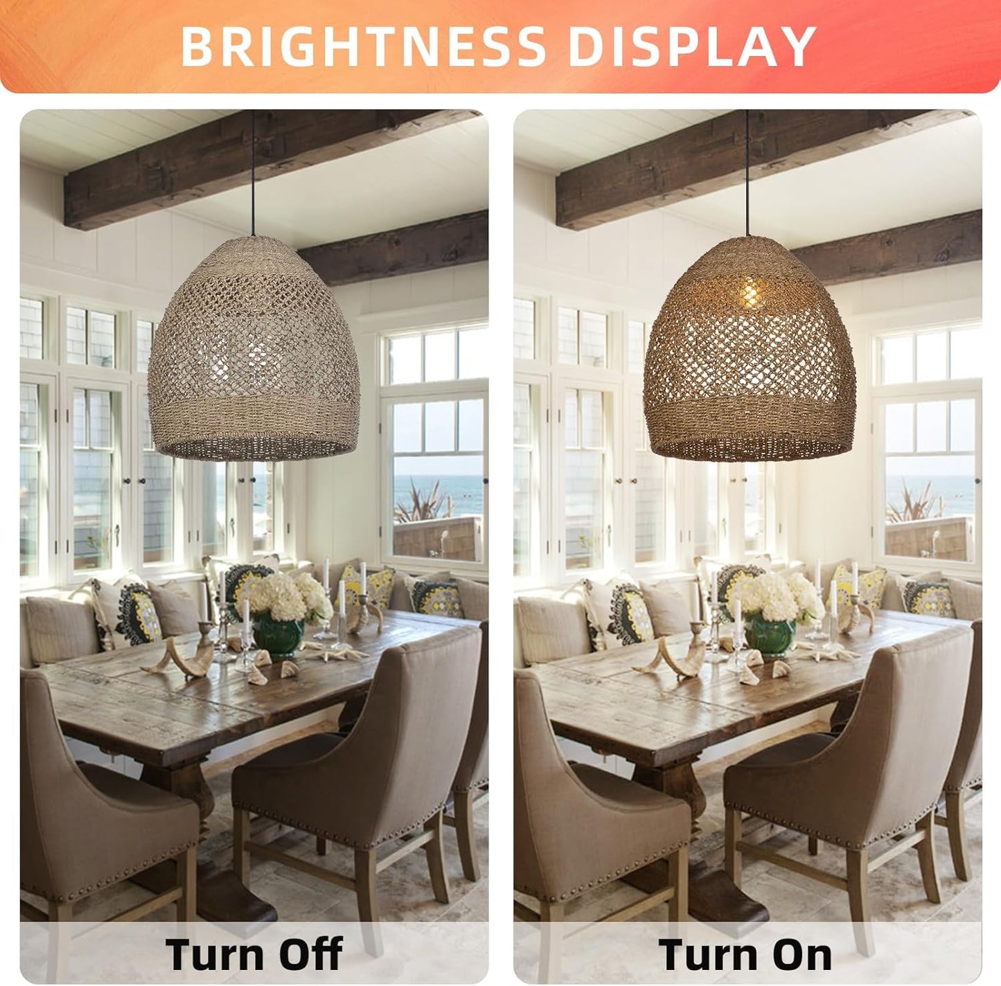 Arturesthome 19.6" Retro Rattan Woven Pendant Light Fixture, Chandelier with Lamp Shade Light Cover, Hanging Lighting for Kitchen Dining Room Foyer