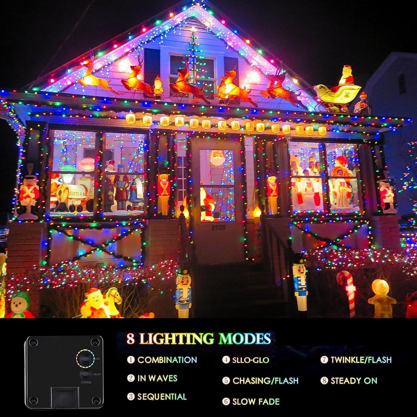 4 Pack 180FT Solar Christmas Lights Outdoor Waterproof, Super Bright 320 LED Solar String Lights with 8 Lighting Modes, Green Wire Twinkle Tree Light for Outside Xmas Party Decorations (Multi-Colored)