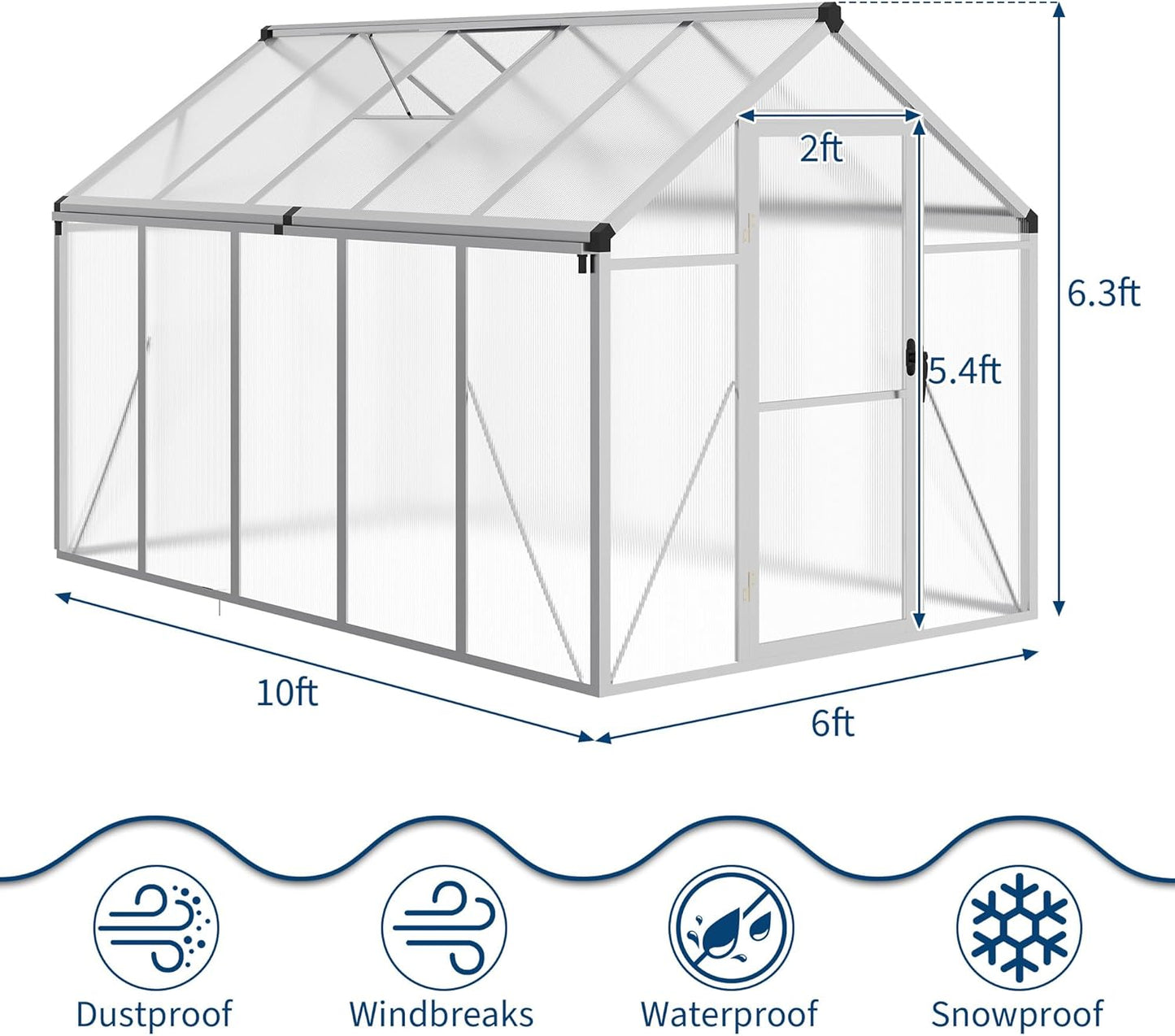 6x10 FT Greenhouse, Easy Assembly Aluminum Polycarbonate Greenhouses for Outdoors with Roof Vent and Ground Nails, Heavy Duty Aluminum Walk-in Greenhouse for Backyard, Sliding Lockable Door, Silver