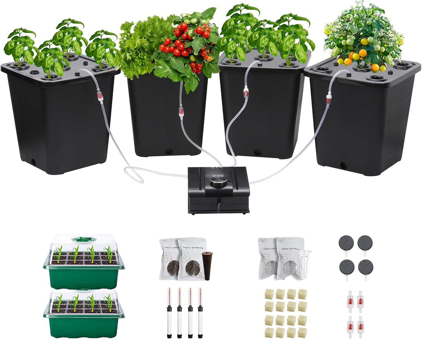 4 Hydroponic Buckets Kit for Plants, Hydroponics Growing System for Herbs/Tomato/Vegetables, DWC System with Air Pump & Germination Tray Black (Complete Indoor Hydroponic Gardening Supplies)