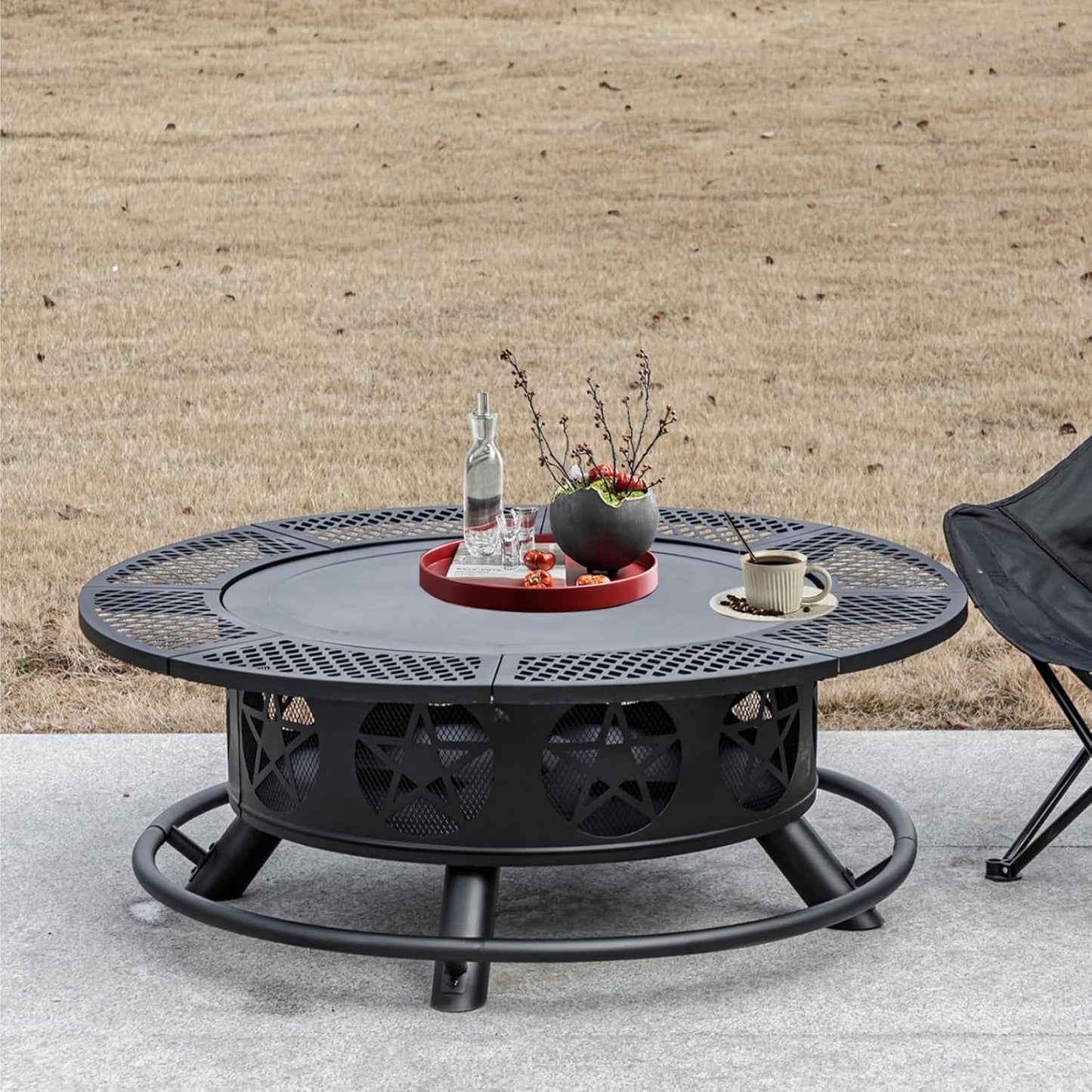 36 Inch Fire Pit with 2 Grills, Wood Burning Fire Pits for Outside with Lid & Poker, BBQ& Outdoor Firepit & Round Metal Table 3 in 1 for Patio, Picnic, Party