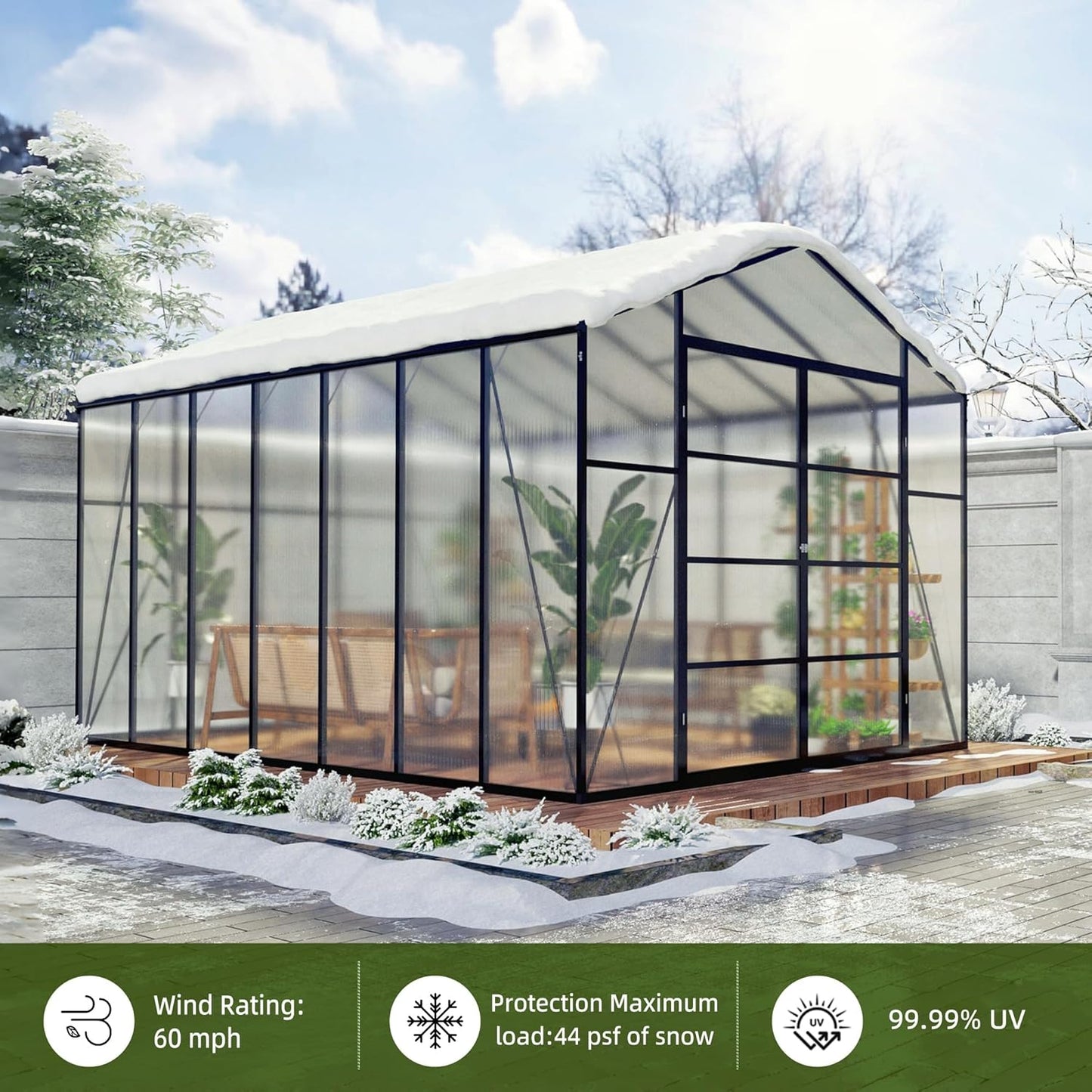 10*14*8.7FT Greenhouse for Outdoors,Polycarbonate Greenhouse with Stronger Wind Protection and Roof Vent,Walk-in Large Aluminum Sunroom Winter Proof,Black