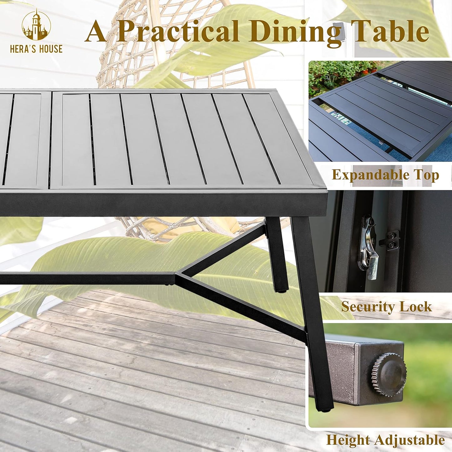 HERA'S HOUSE Red Patio Dining Sets for 8, Extendable Outdoor Table and Chairs Set, 9 Pieces Rectangular Metal Table Chairs for Patio Lawn Garden Porch