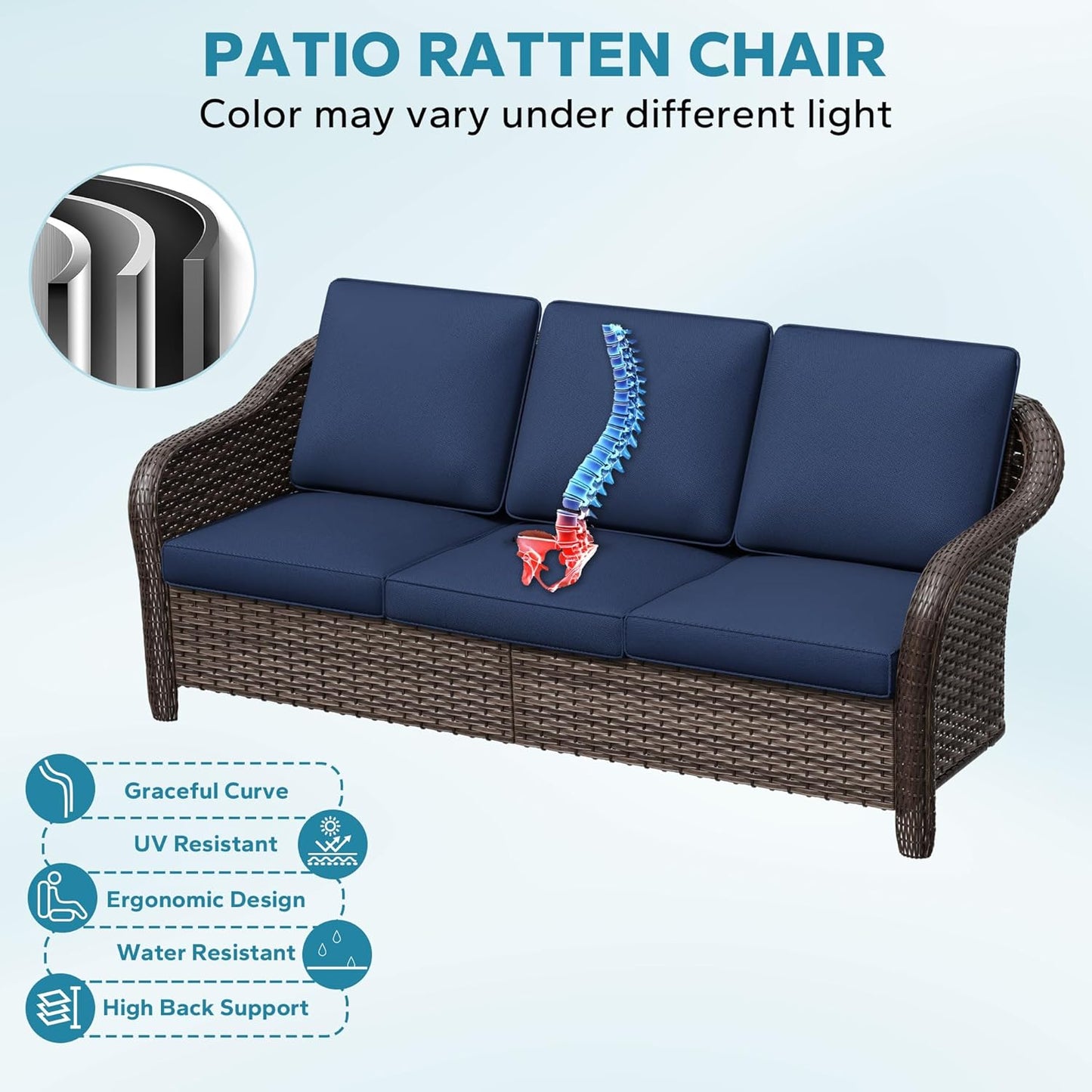 78" Wicker 3-seat Sofa, Outdoor Conversation Furniture, All-Weather Rattan Couch, Steel Frame Couch with Cushions for Garden, Poolside, Porch (Navy Blue)