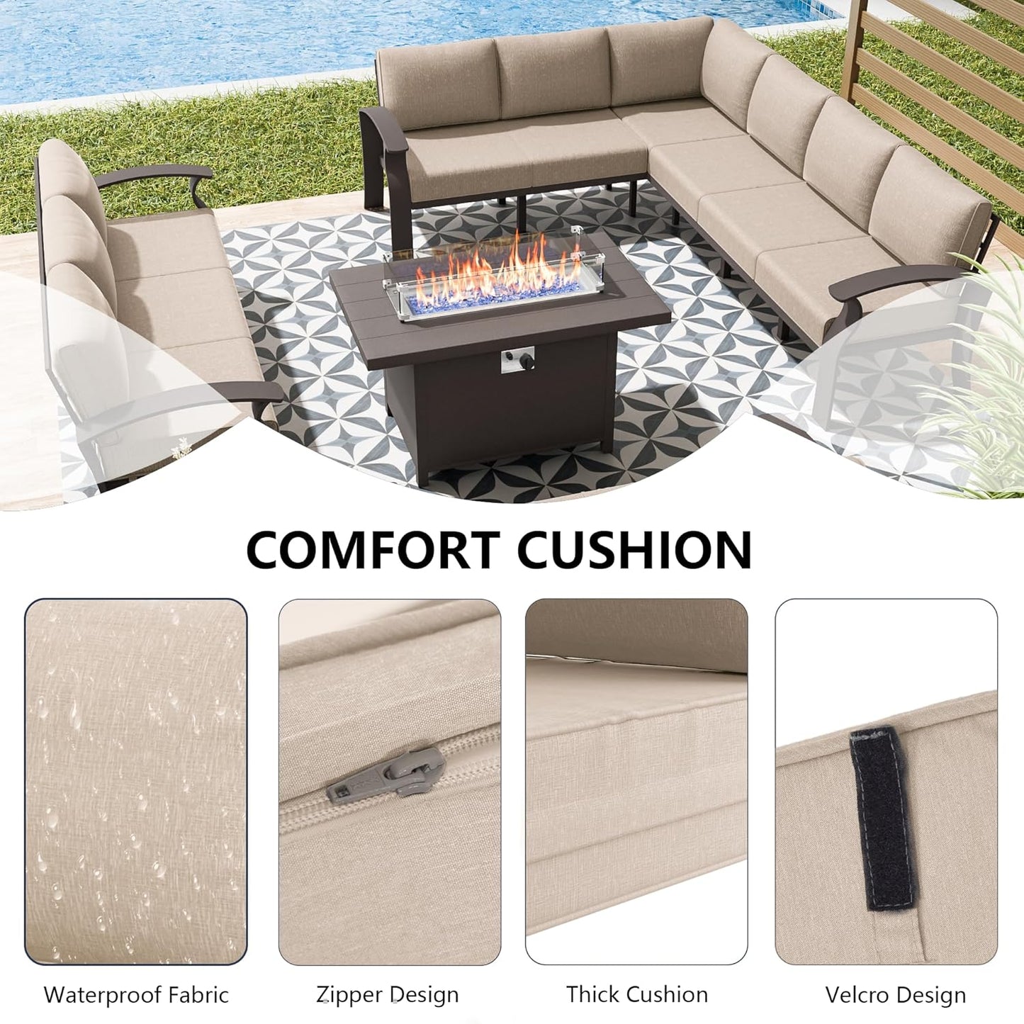 Aluminum Patio Furniture Set with Fire Pit Table, 8 Seats Outdoor Patio Conversation Set Modern Metal Patio Sectional Sofa w/5.1" Upgrade Cushions for Porch, Patio, Backyard(Sand).
