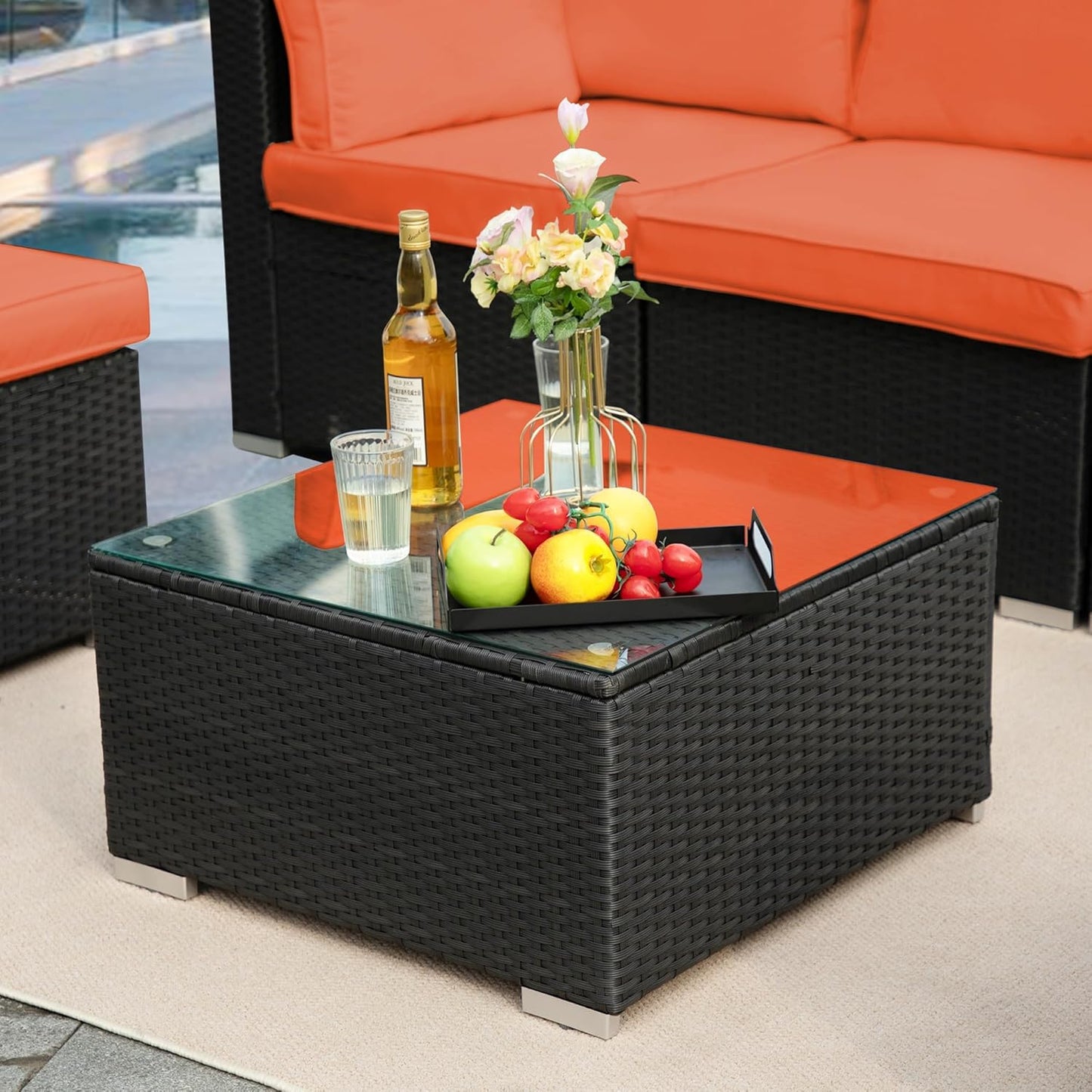 7-Piece Patio Furniture Set - Outdoor Sectional Sofa Set with Cushions and Glass-Top Coffee Table for Gardens, Poolside, Backyards and Porches, Black/Orange