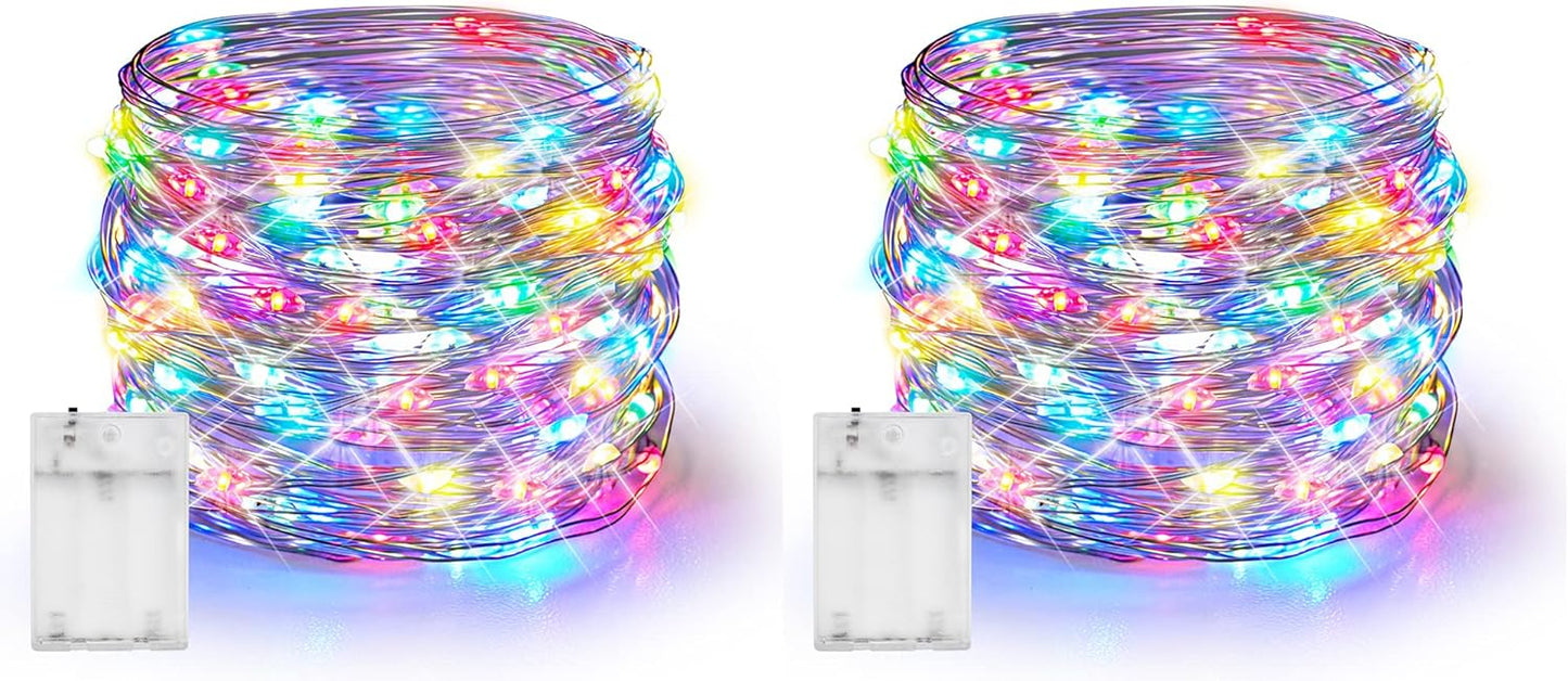 Dazzle Bright Fairy Lights Battery Operated, 2 Pack Total 40FT 120LED Silver Wire Waterproof String Lights, Christmas Decorations for Indoor Outdoor Bedroom Yard Decor, Multi-Colored