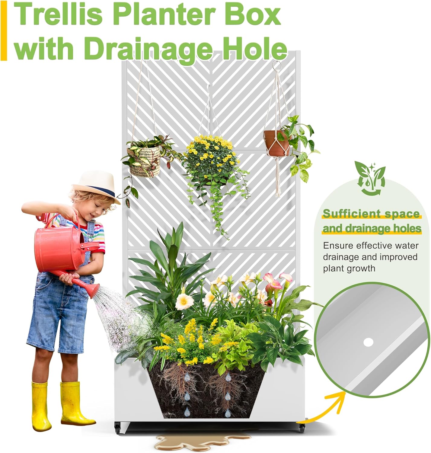 FENCY Metal Raised Garden Bed with Wheels and Trellis,73"x35"x16" Planter Box for Climbing Plants, Vegetables & Vines, Features Privacy Screen and Drainage Holes (White-Arrow)