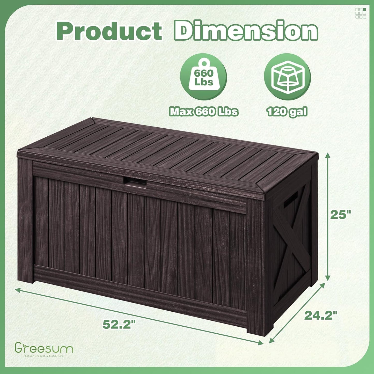 Greesum 120 Gallon Outdoor Storage Box with Lock - Large Resin Deck Box, Reinforced Lid for Garden, Patio, Lawn, Brown