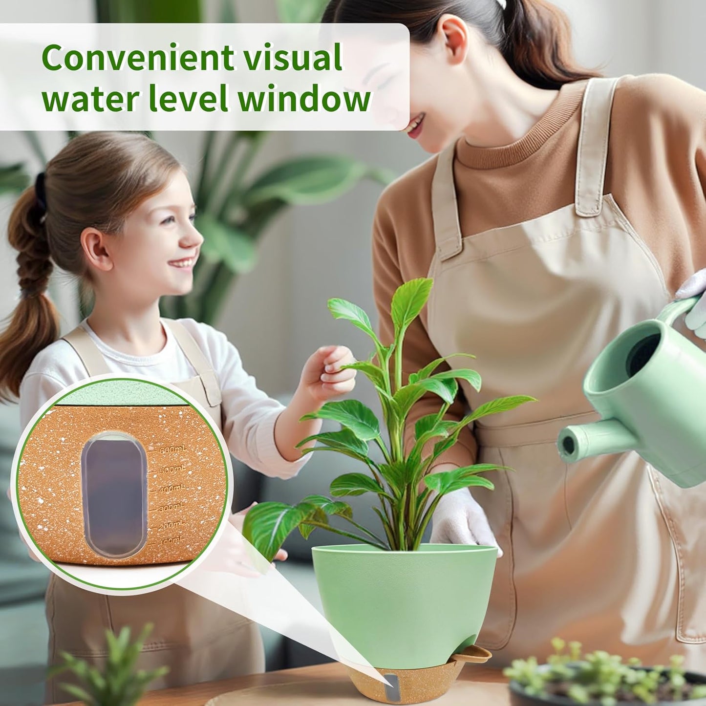 12/10/9/8 inch Self Watering Pots with Visual Water Window, Extra Large Self Watering Plant Pot with Drainage Holes and Saucers, Green Flower Pots for Indoor Plants