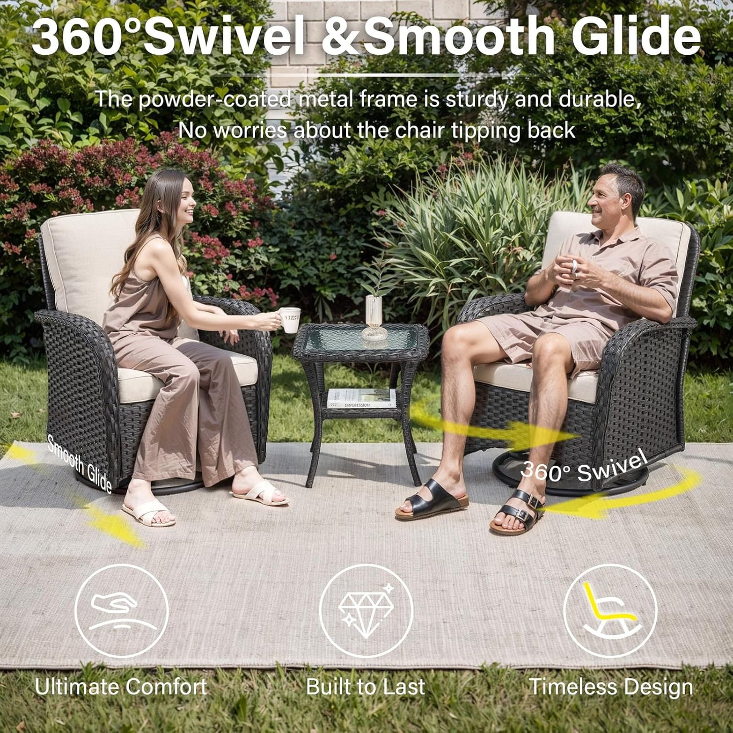 7-Piece Modern Black Wicker Patio Conversation Set - 4 Swivel Glider Chairs & 50,000 BTU Propane Fire Table