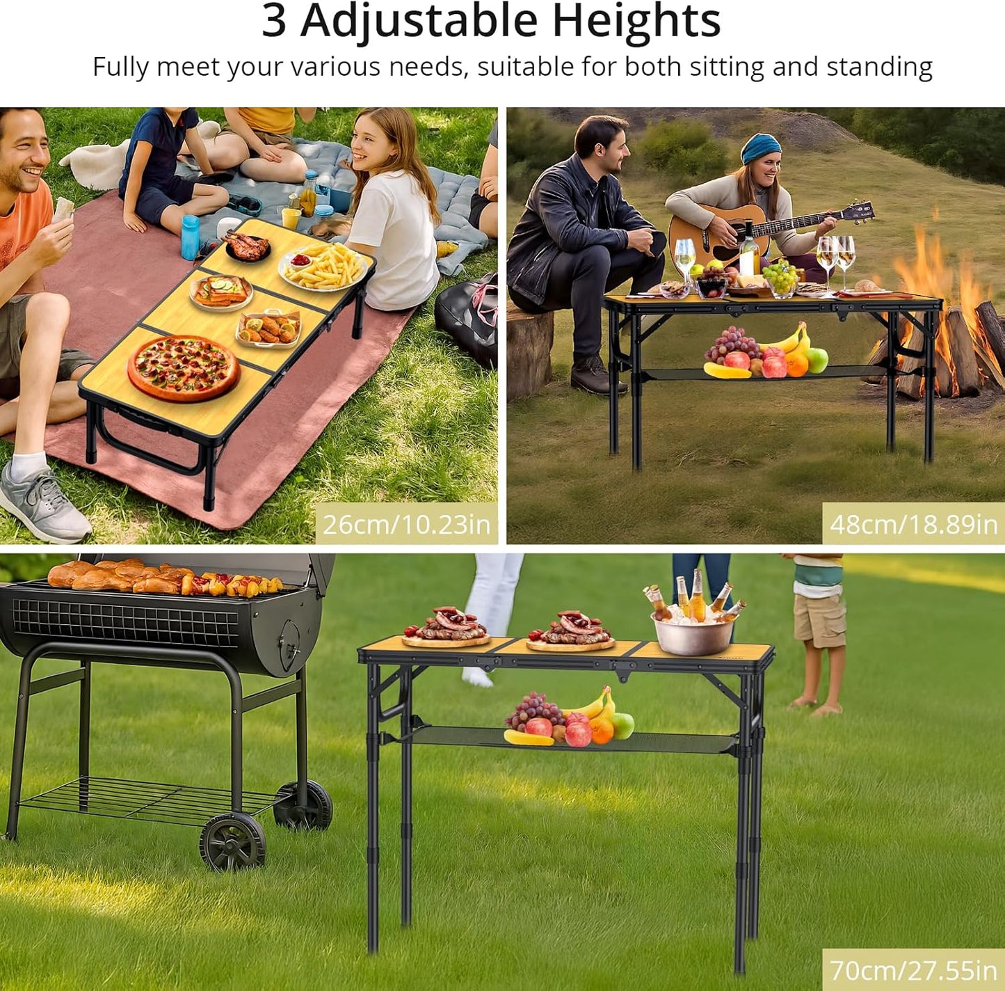 3ft Camping Table Foldable with Storage Net and Bag, 3 Adjustable Heights High 27.5" Aluminum Camping Table, Portable, for Outdoor Indoor Backyard BBQ Cooking Party Picnic Beach, Yellow