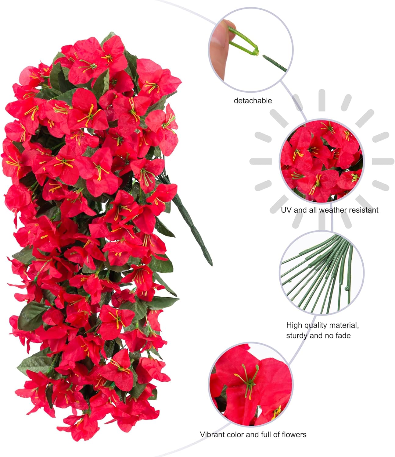 Bougainvillea Artificial Hanging Flowers Plants for Outdoors Decoration, 2pcs Fake Flowers Silk Bougainvillea Vines Realistic UV Resistant Faux Flowers for Outdoor Planters Porch Patio, Red
