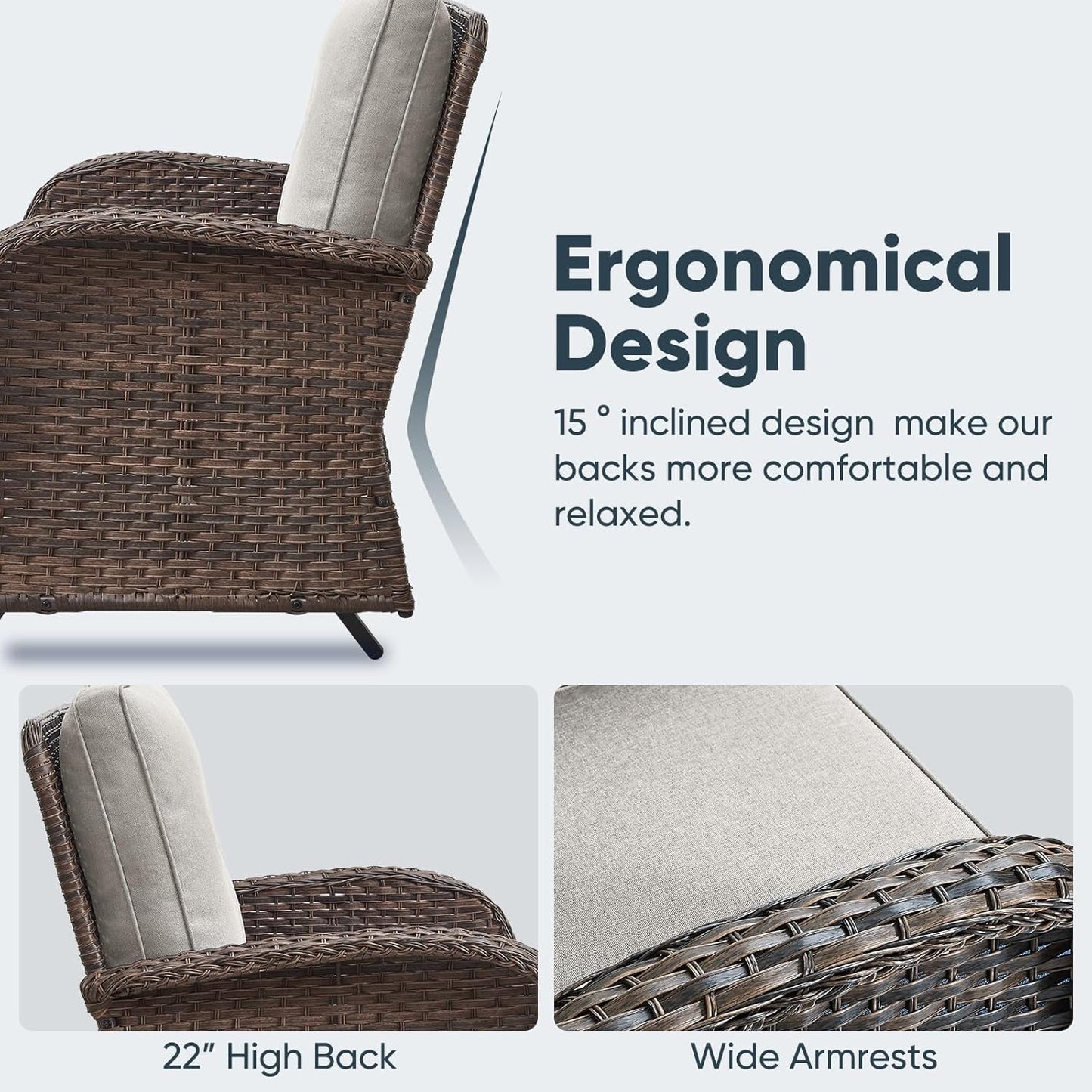 5 Pieces Outdoor Patio Furniture Set with 50000 BTU Propane Fire Pit Table, Deep Seating Wicker Swivel Rocker Chairs and Loveseat Glider Patio Conversation Set for Deck Poolside Backyard Beige