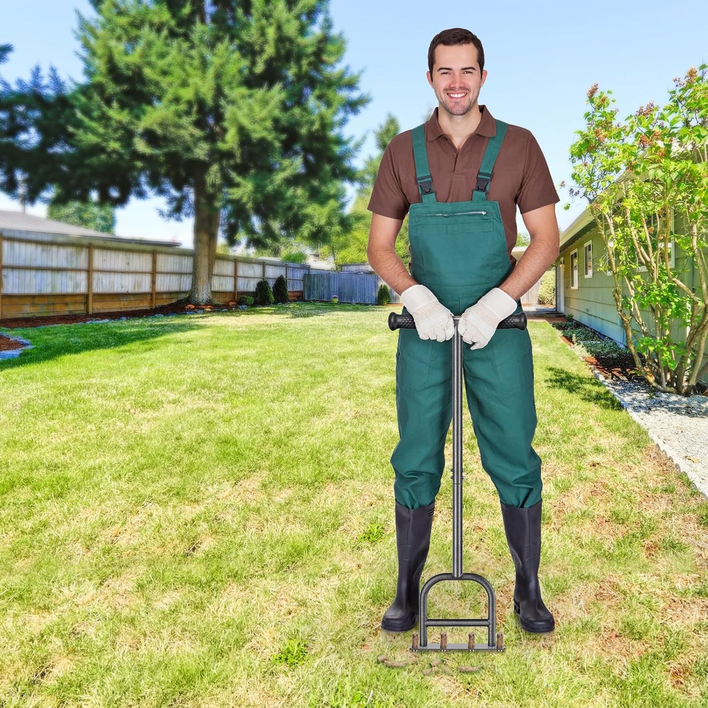 Dolibest Lawn Coring Aerator, Manual Lawn Aerator, 4 Stainless Stee Corer Plug Aerator with Soft Rubber Grip, Pre-Assembled Manual Grass Aerating Tool & Cleaning Hand Tool for Improving Lawn Health