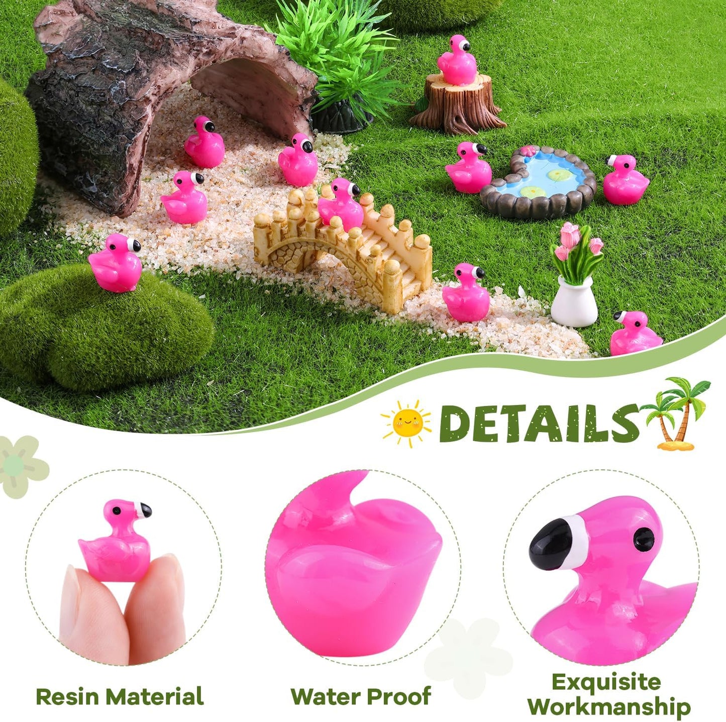200PCS Mini Resin Animals Cute Rose Pink Tiny Flamingo Ducks, Miniature Figures to Hide, Small Animal Toys Accessories Bulk for Topper Garden Dollhouse Landscape Aquarium Ornaments DIY Crafts & Decor