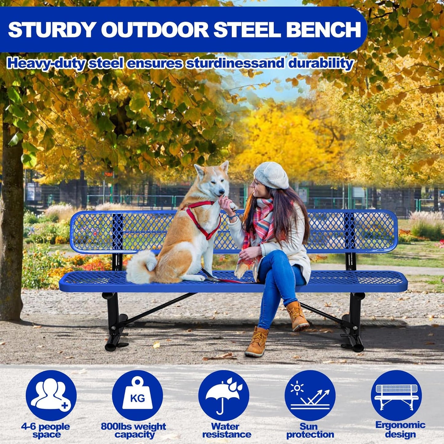 Drexo 8FT Heavy Duty Park Bench with Back Portable Frame, Outdoor Metal Park Bench with Backrest, Steel Mesh Outdoor Bench for Garden, Lawn, Patio, Porch, Park, Yard, Blue