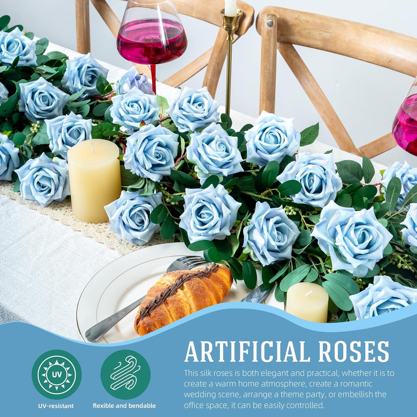 Fake Roses Faux Flowers Silk Roses 12PCS Artificial Roses with Stems Realistic Artificial Flowers Suitable for Indoor Home Decoration Diy Bouquet Wedding Decor Party Decoration （Blue）16.5“