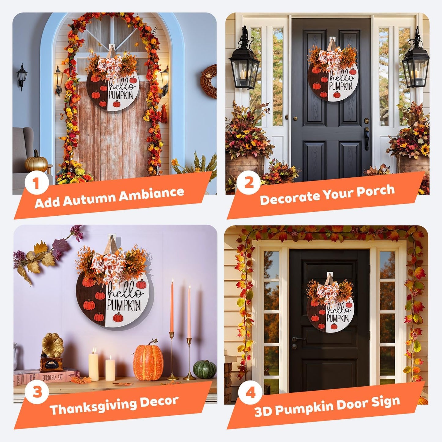 3D Hello Pumpkin Wooden Sign, Fall Outdoor Wreath for Front Door with Bow & Wreath | Fall Autumn Harvest Farmhouse Hanging Decor | Indoor Outdoor Porch, Wall, Home Decor