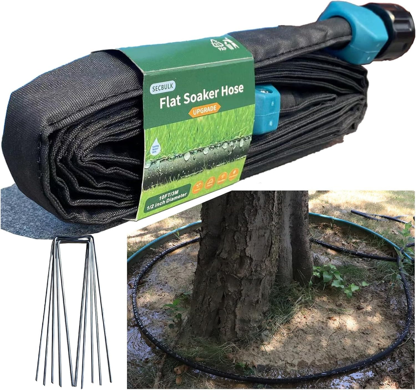 2025 Flat Soaker Hose 10 ft with Stakes for Garden, 10ft Linkable Drip Hose Diy Garden Irrigation System Saving 80% Water, Dual-layer Leak-free Design Water Hose with Holes