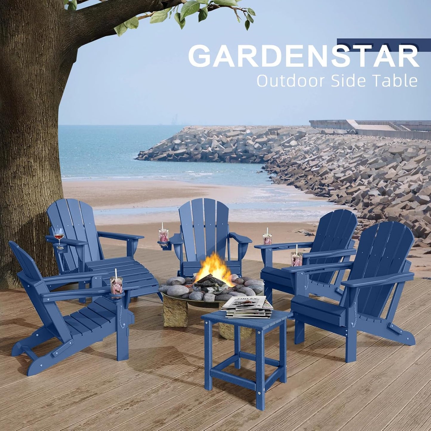 Adirondack Side Table Outdoor, HDPE Small Outdoor Table for Patio, Outside End Table, Blue, 13.98" x 13.19" x 16.73"