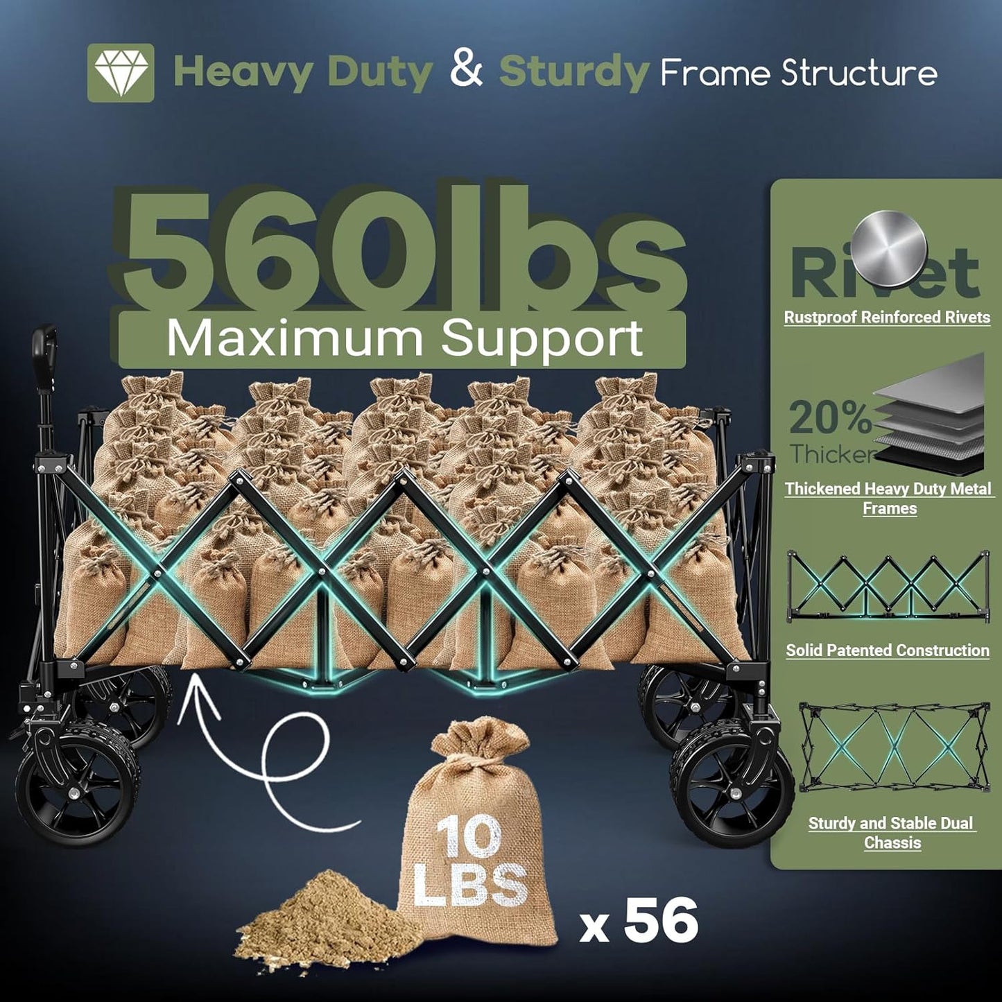 300L Extra Large Wagons Carts Foldable, 560LBS Heavy Duty Collapsible Beach Wagon 48" Long with Big All-Terrain Wheels, Utility Folding Cart for Camping, Grocery, Sports, Garden, Red