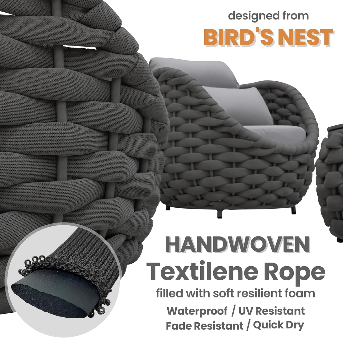 Aluminum Woven Rope Patio Furniture Set: 5 Pieces Assembled Outdoor Conversation Sofa Set for 6 - Modern Metal Couch Set Cushioned - All Weather Porch Seating for Deck Garden Lanai Hotel Resort