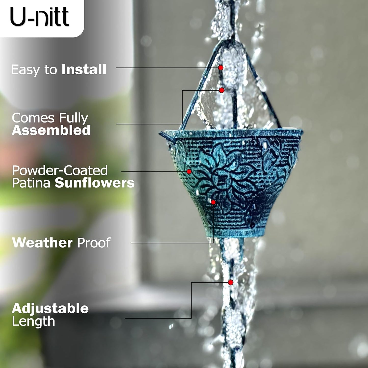 U-nitt Rain Chain Water Collection for Gutters, Rainwater Catcher & Diverter, 8.5 FT Chains for Outside Garden, Sunflower Cups, Roof Downspout, Works with Heavy Rain, w/Gutter Clip for Rainchains