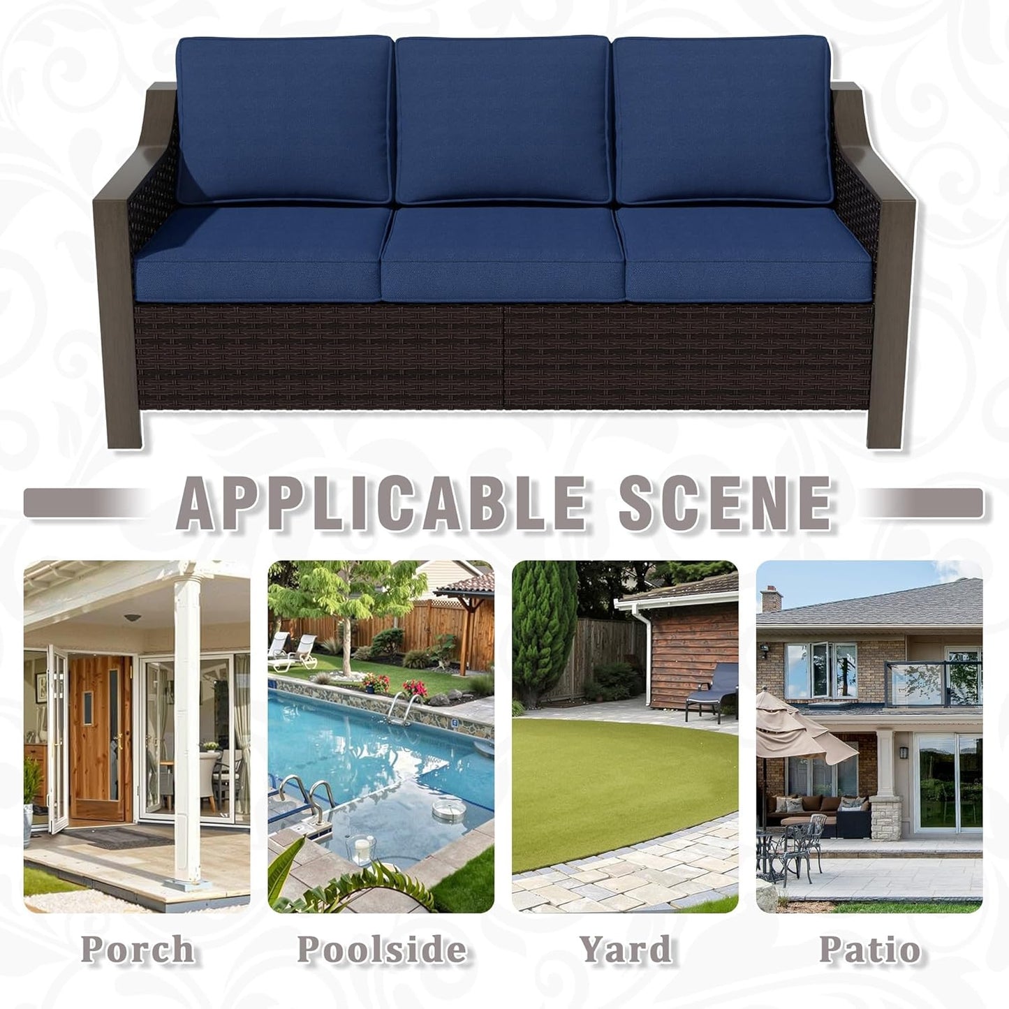 74 Inch Patio 3-Seater Sofa,PE Wicker Outdoor Lounge with Thick Removable Water-Resistant Cushions, Rust-Proof Steel Frame, 900LBS Capacity, Blue