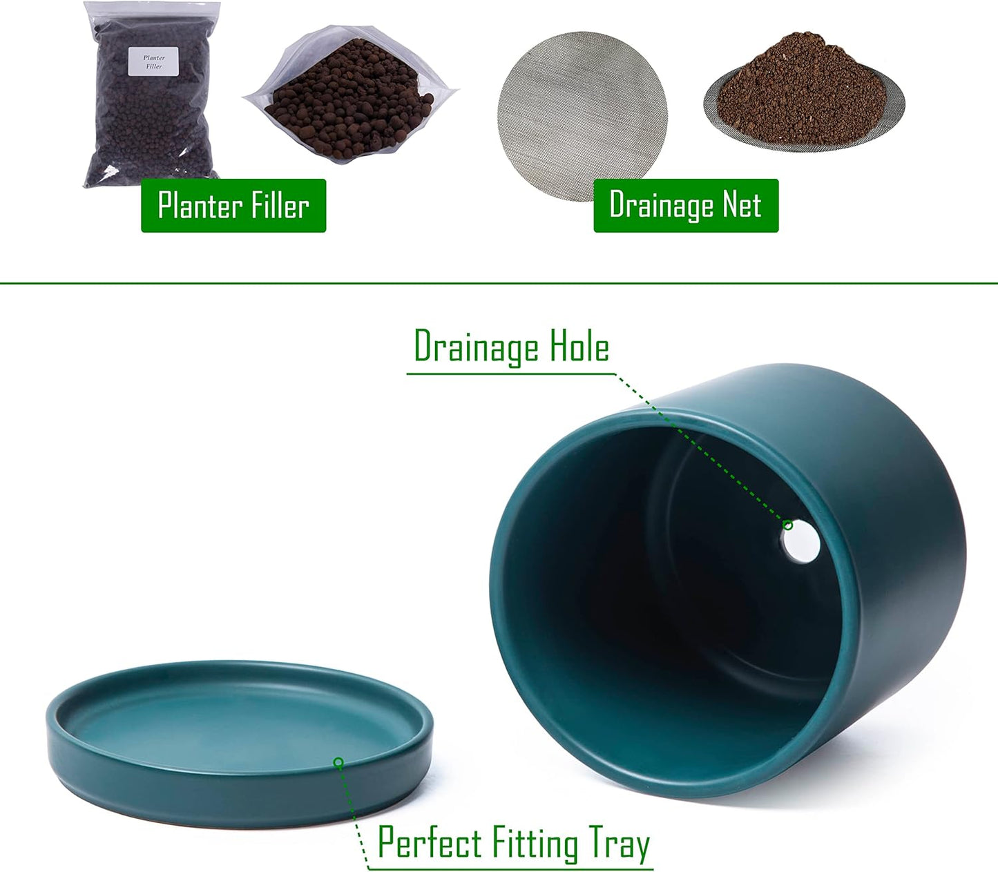 D'vine Dev Set of 2 Plants Pots, 6 Inch Ceramic Planter Pot for Plants with Drainage Hole and Saucer, Teal, 94-V-C-9