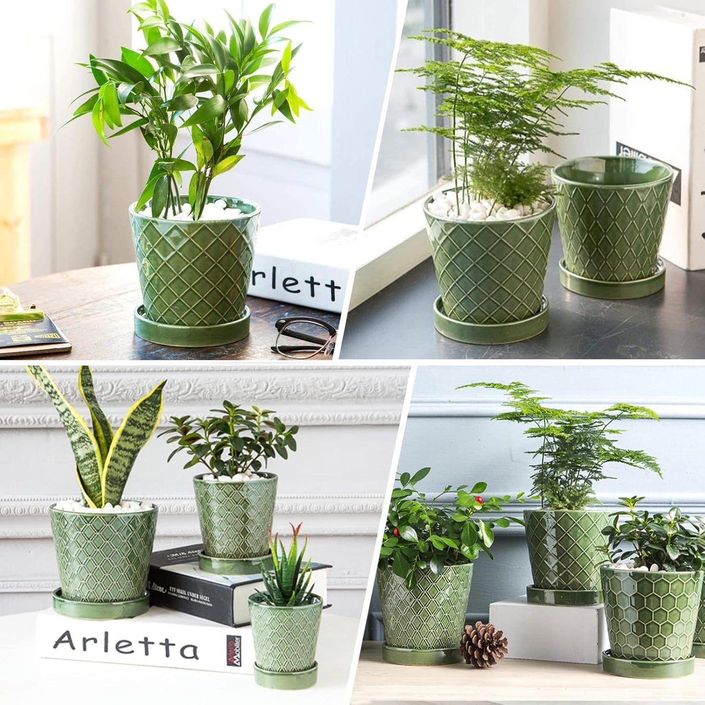 EFISPSS Flower Planter –5 inch Ceramic Plant Pots with Drainage Hole and Ceramic Tray - Gardening Home Desktop Office Windowsill Decoration Gift Set of 4 - Plants NOT Included