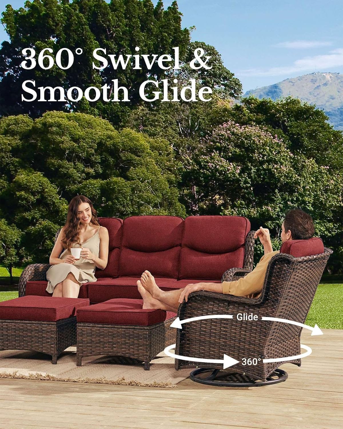 HILLGA Luxury Patio Furniture Set with 6-inch Thick Cushion, Outdoor Loveseat and High Back Swivel Rocker Patio Chairs, 6PCS Wicker Conversation Set for Deck Yard and Poolside, Burgundy (V2)