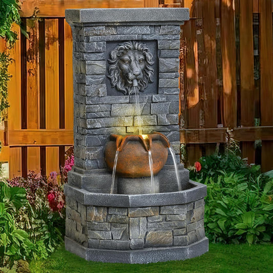 26'' Outdoor Garden Floor-Standing Water Fountain Lion Head Stone with Lights Outdoor Waterfall for Patio, Backyard, Deck, Porch and Home Art Decor
