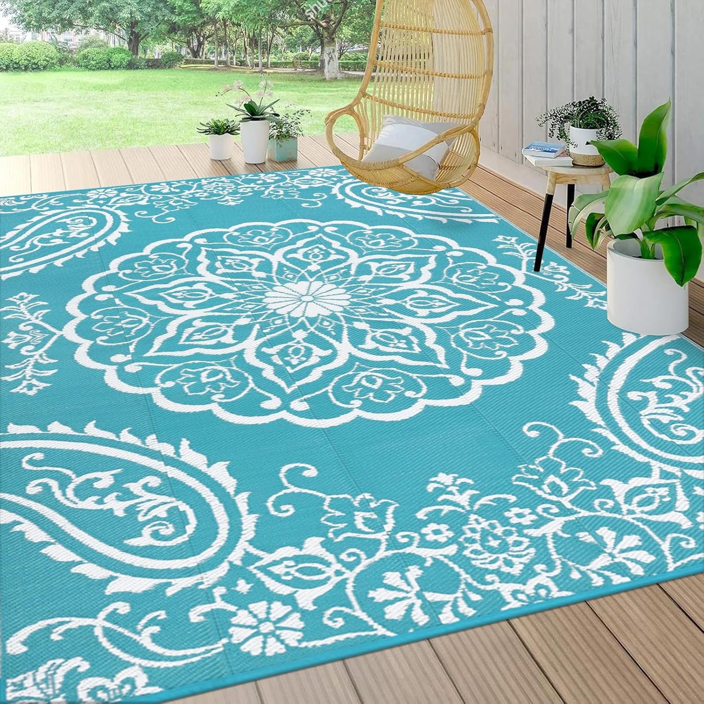 Pauwer Waterproof Outdoor Rug 8x10, Reversible Plastic Straw Patio Camping Rug, Indoor Outdoor RV Mat Carpet for Deck, Camper, Porch, Balcony, Backyard, Picnic, Boho Teal
