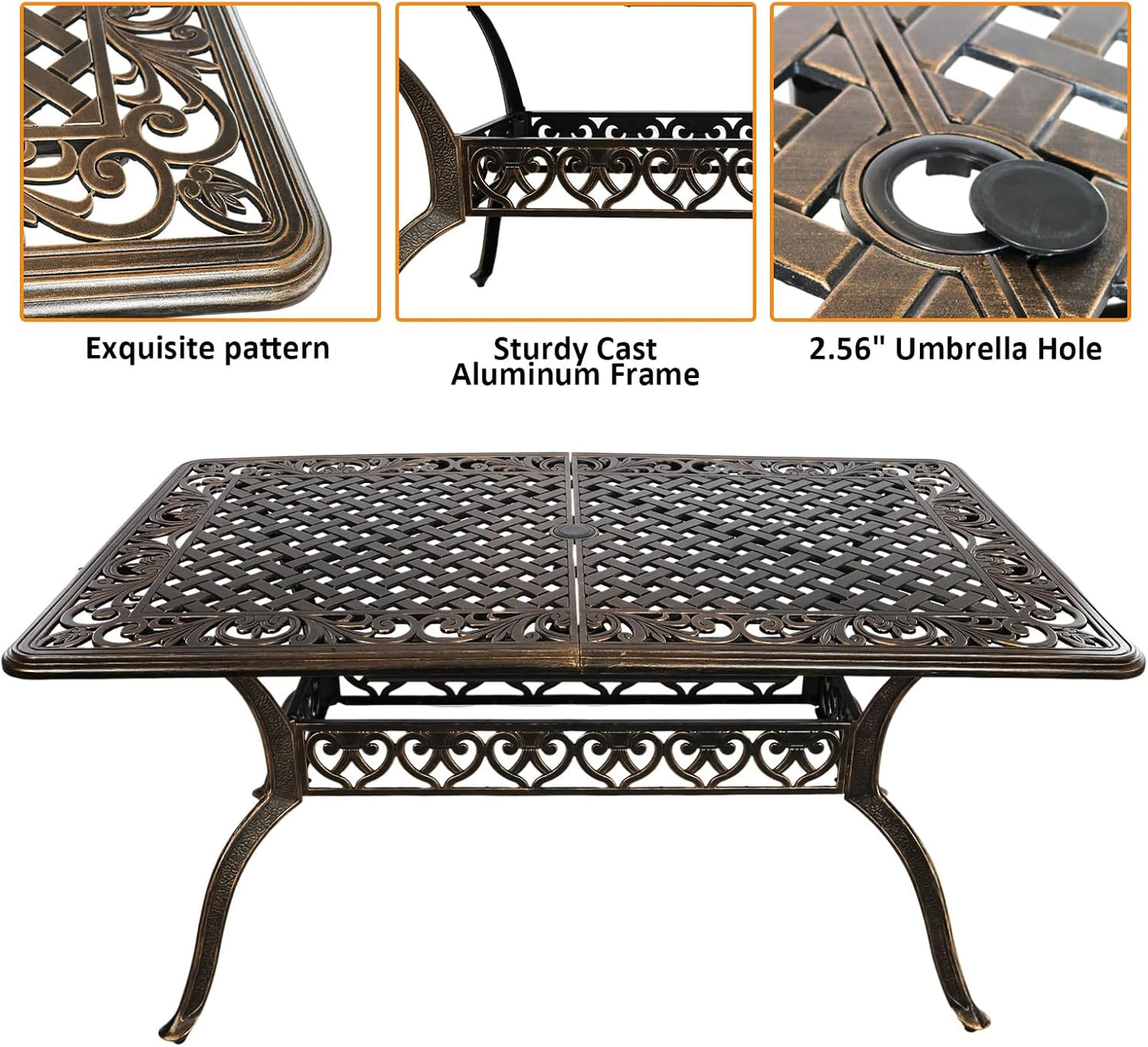 7 Piece Outdoor Dining Set, Cast Aluminum Patio Dining Set for 6 Person, Patio Furniture Set with 59" Rectangle Patio Table(2.56" Umbrella Hole) and 6 Chairs
