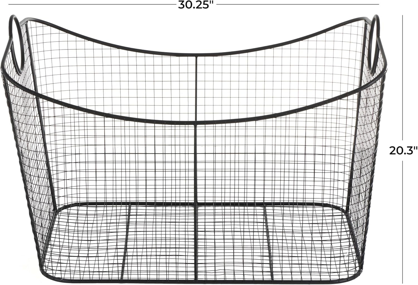 Deco 79 Metal Large Open Frame Wire Grid Storage Basket with Curved Sides and Ring Handles, 30" x 20" x 20", Black