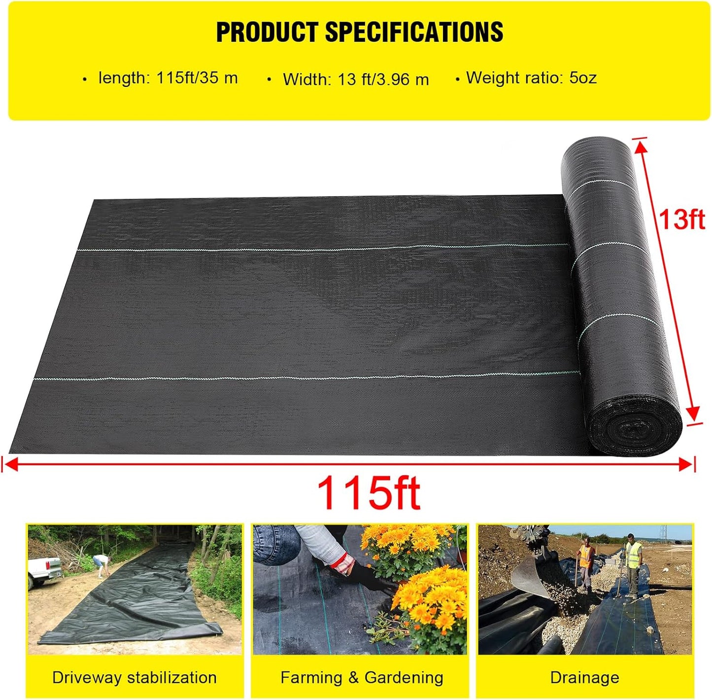 Doniks 13x115ft Driveway Fabric,5OZ Commercial Heavy Duty Weed Barrier Fabric, Garden Landscape Fabric,French Drain Fabric for Erosion Control,Landscape Fabric,Weed Barrier,Construction Projects