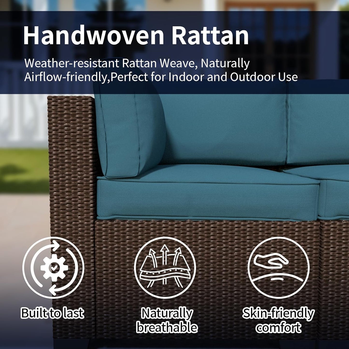 7 Piece Patio Furniture Set, Rattan Outdoor Patio Conversation Sets, Outdoor Sectional Furniture with Waterproof Cushion and Coffee Table, for Deck, Backyard, Garden, Peacock Blue