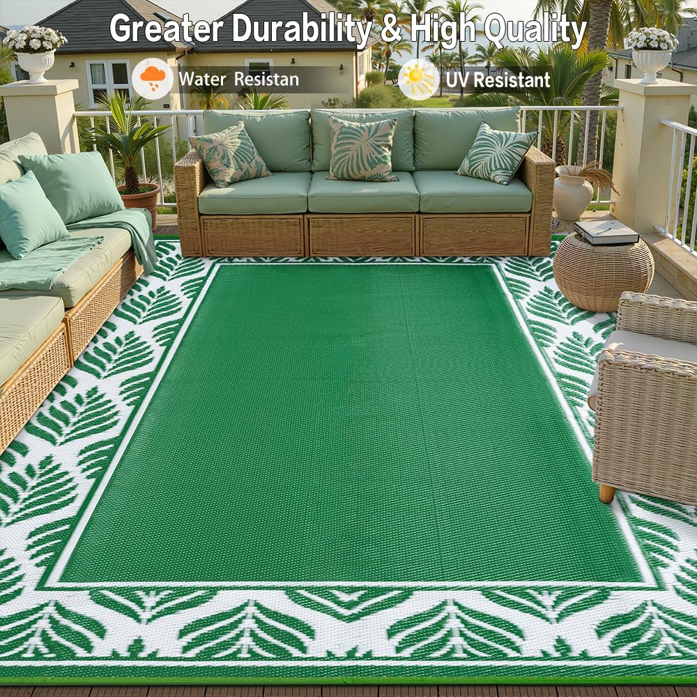 8x10 Patio Waterproof Outdoor Rug Outrside Camping Carpet RV Area Rug Reversible Green Rugs for Deck Entryance Porch Picnic Balcony Beach