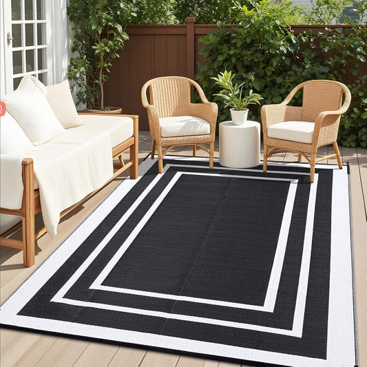 OLANLY Outdoor Rug 6x9 ft Waterproof, Reversible Outdoor Plastic Straw Rug, RV Mat, Indoor Outdoor Carpet Clearance for Patio, Camping, Balcony, Deck, Backyard, Black & White